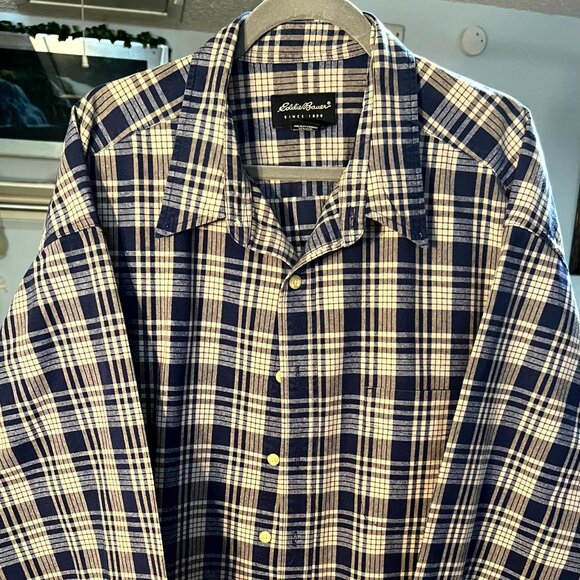 Eddie Bauer Blue & White Plaid 100% Cotton Flannel Long-Sleeve Button-Up SZ XXXL - Picture 1 of 7